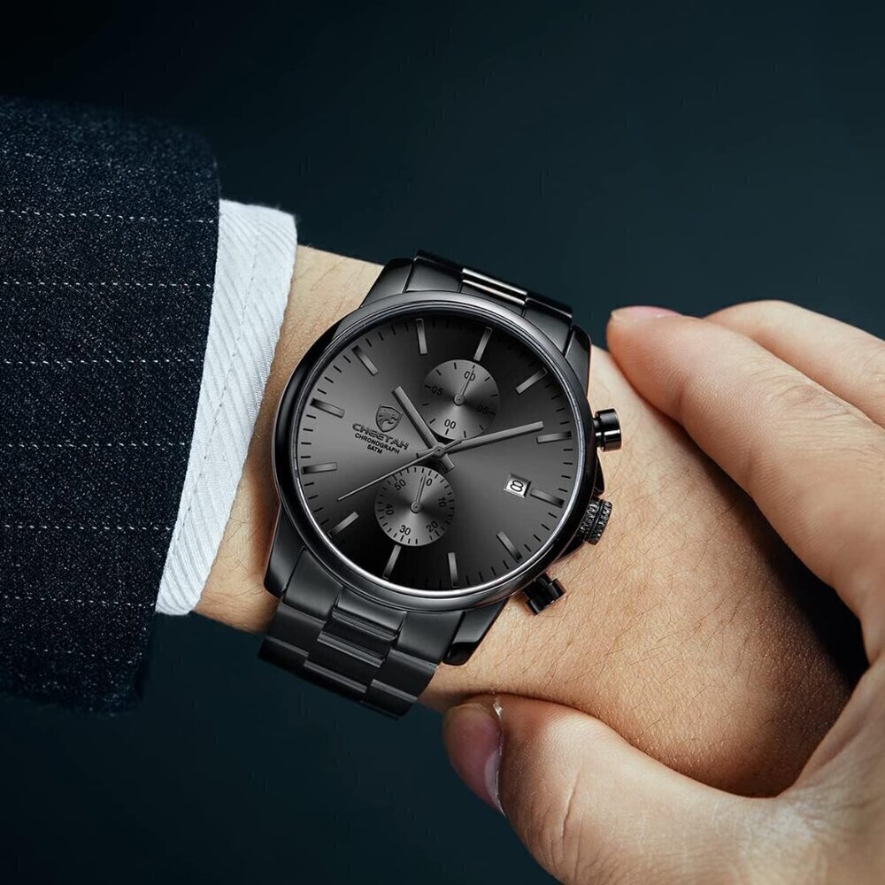 GOLDEN HOUR Men's Black Stainless Steel Chronograph Quartz Watch Waterproof - Picture 5 of 8